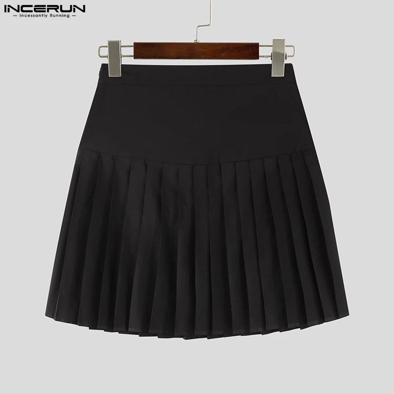 2023 Men Skirts Solid Color Shorts Zipper Pleated Fashion Men Bottoms Summer Streetwear Personality Unisex Skirts S-5XL INCERUN