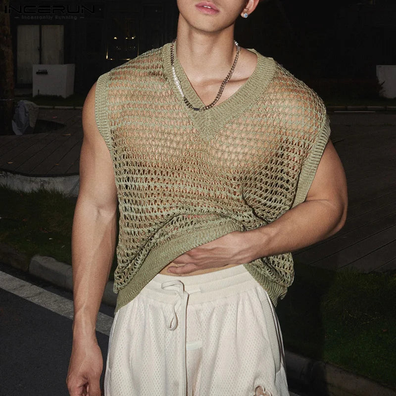 INCERUN Tops 2024 Korean Style Men's Summer Hollow Breathable Mesh Design Vests Casual Sexy Male Thin Sleeveless Tank Tops S-5XL