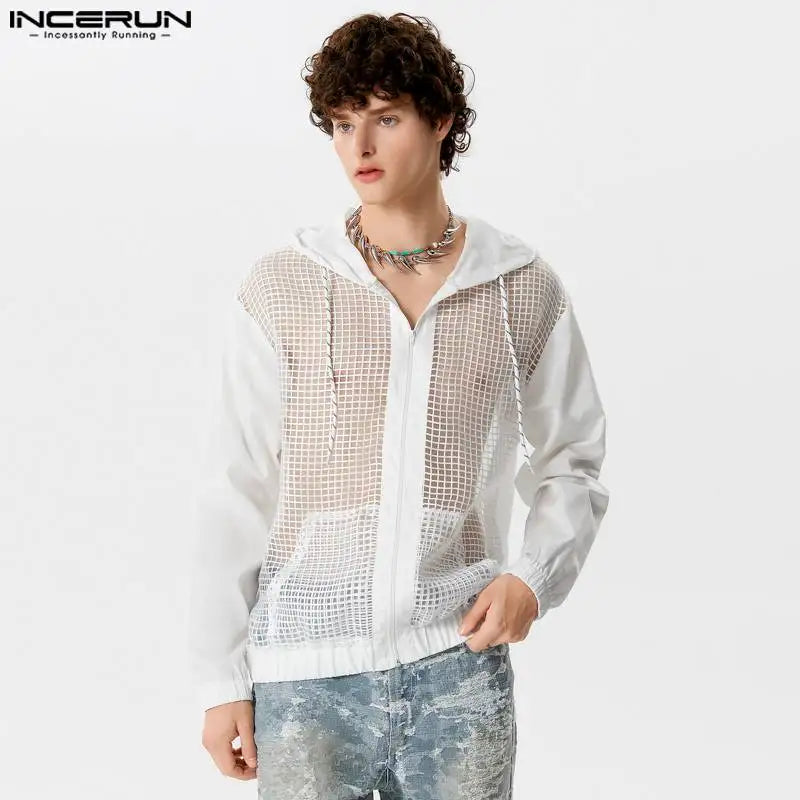 2024 Men Shirt Mesh Patchwork Transparent Hooded V Neck Zipper Long Sleeve Men Clothing Streetwear Loose Fashion Shirts INCERUN