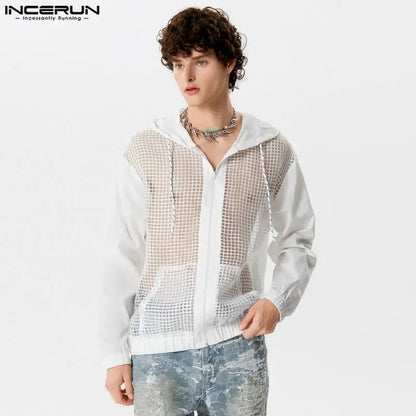 2024 Hommes Chemise Maille Patchwork Transparent À Capuche Col En V Fermeture Éclair Manches Longues Hommes Vêtements Streetwear Lâche Mode Chemises INCERUN