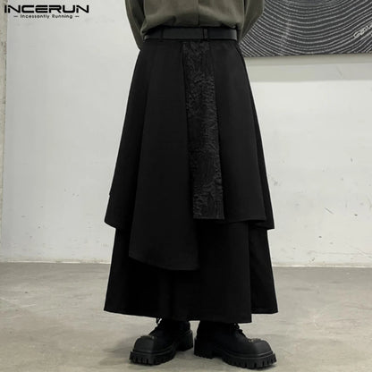 INCERUN 2024 Korean Style Mens Trousers Irregular Patchwork Texture Pantalons Casual Streetwear Wide Leg Skirts Long Pants S-5XL