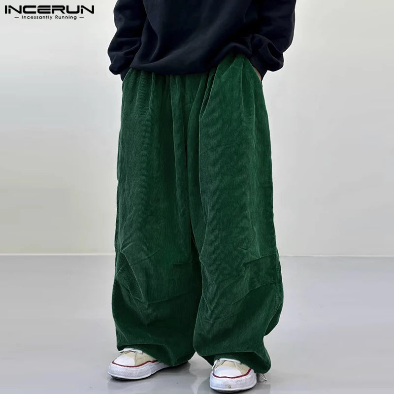 INCERUN 2023 Korean Style New Men's Trousers Corduroy Wide Leg Long Pants Casual Streetwear Male Hot Sale Solid Pantalons S-5XL