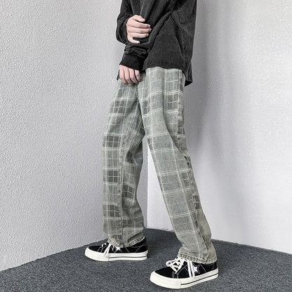 HOUZHOU Plaid Jeans Denim Pants Men Korean Wide Leg Checked Trousers Male Distressed Streetwear Bottoms Harajuku Vintage