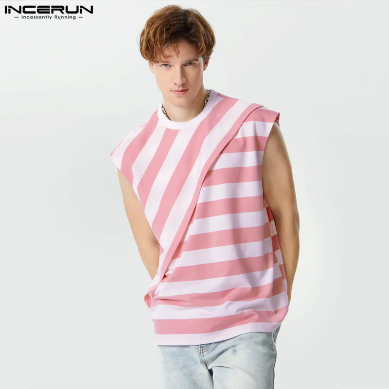 INCERUN Tops 2023 Korean Style Handsome Men's Hot Selling Striped Layered Design Vests Casual Street Male O-neck Tank Tops S-5XL