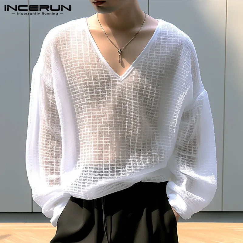 INCERUN Tops 2024 Style coréen Hommes Solide À Carreaux Perspective T-shirts À La Mode Col en V Épaule Manches Longues Camiseta S-5XL