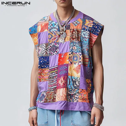 INCERUN Tops 2024 Handsome Men Personality Printed Patchwork Color Block Vests Male Streetwear O-neck Sleeveless Tank Tops S-5XL