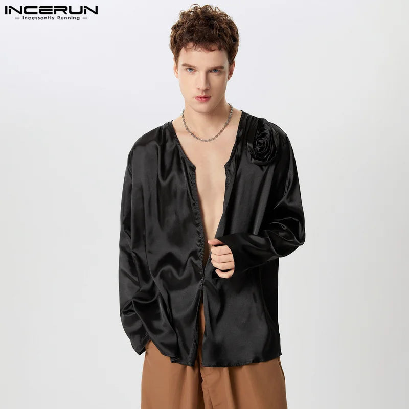 INCERUN Tops 2024 Korean Style Fashion Men's Satin Floral Decoration Shirts Sexy Male Hot Sale V-neck Short Sleeved Blouse S-5XL