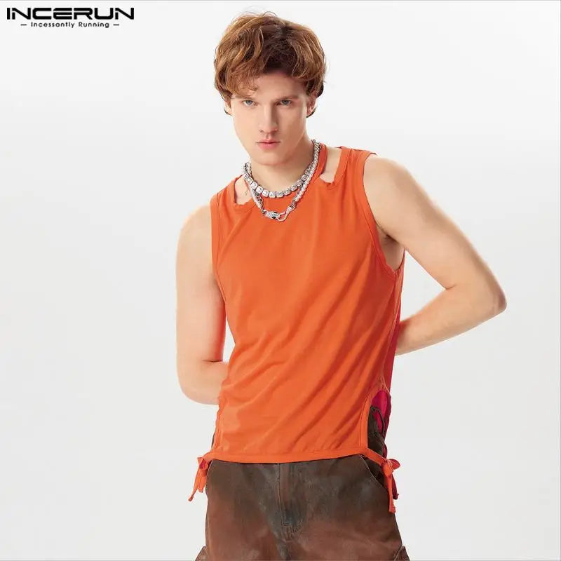 INCERUN Tops 2024 Handsome New Mens Solid Knitted Hollowed Strap Vests Stylish Casual Male Deconstruction Design Tank Tops S-5XL