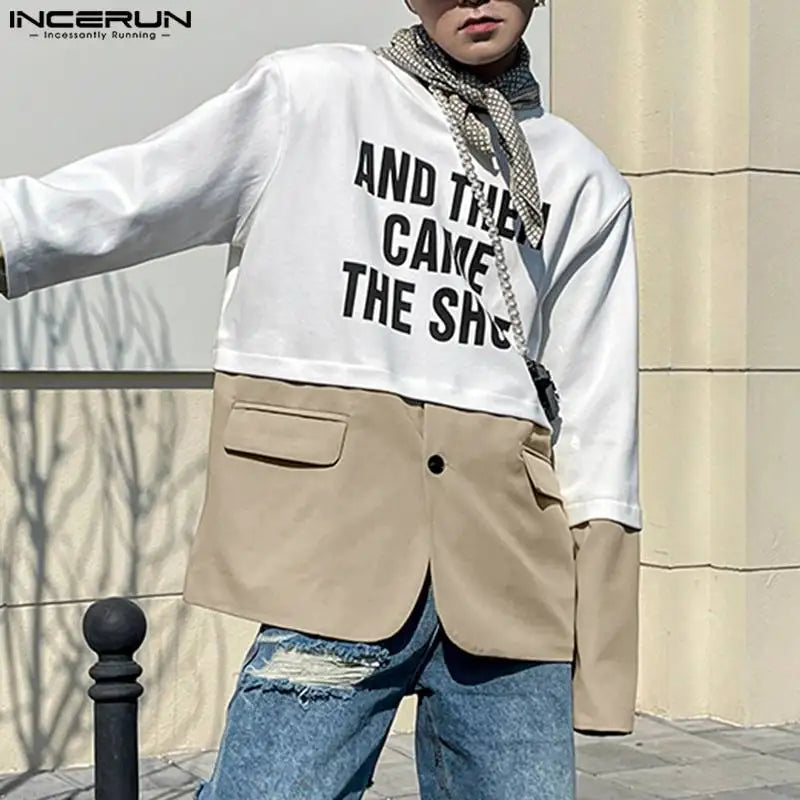 2024 Men T Shirt Printing Patchwork O-neck Long Sleeve Korean Style Men Clothing Streetwear Loose Fashion Tee Tops S-5XL INCERUN