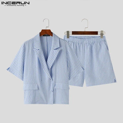 INCERUN 2024 American Style Sets Stylish Handsome Men Bubble Striped Cropped Suit Shorts Casual Simple Male Two-piece Sets S-5XL