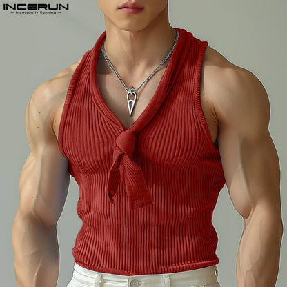 INCERUN Tops 2024 Koreanischen Stil Neue Männer Gestrickte Pit Krawatte Kragen Design Westen Casual Streetwear Solide Ärmellose Tank Tops S-5XL