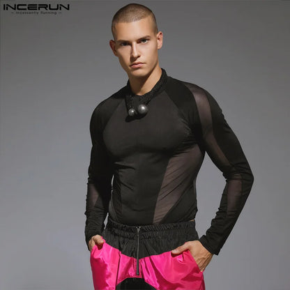 Sexy Fashion Style Jumpsuits INCERUN New Mens Zipper Design Patchwork Mesh Bodysuits Casual Male Long Sleeved Rompers S-3XL 2023