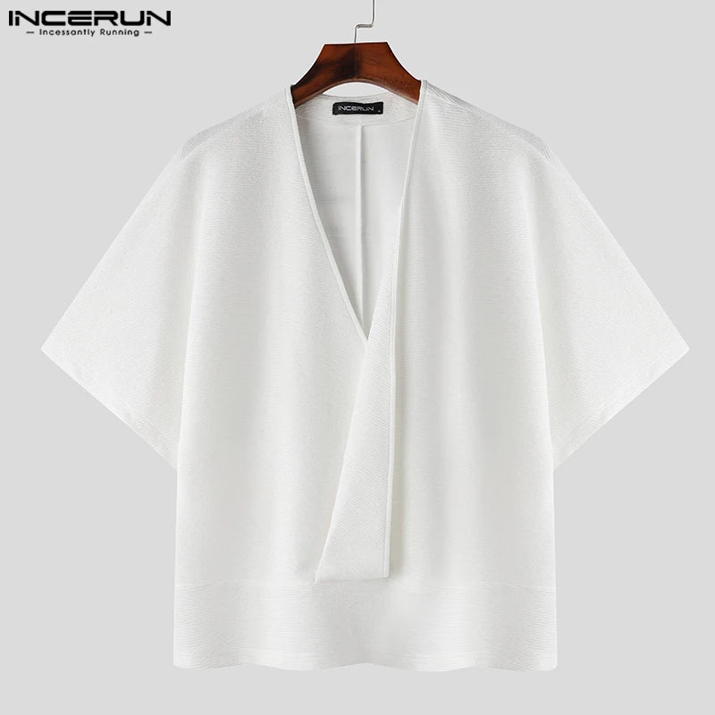 INCERUN Tops 2024 Korean Style Men's Textured Large V-neck Design T-shirts Casual Streetwear Solid Short Sleeved Camiseta S-5XL