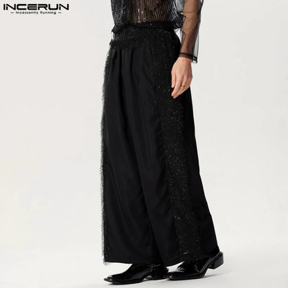 INCERUN 2024 Herrenhose im amerikanischen Stil mit Quasten, Spleißen, Design, lange Hose, lässige Streetwear, männlich, einfarbig, Pantalons, S-5XL