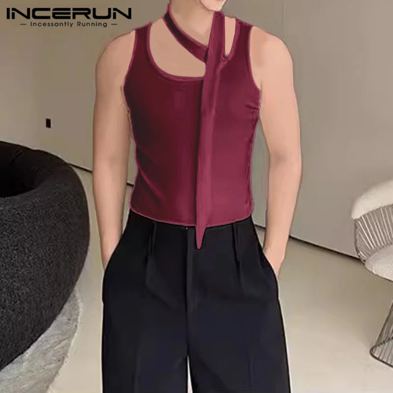 INCERUN Tops 2024 Koreanischen Stil Herren Neck Wrap Stil Band Design Westen Casual Sommer Heißer Verkauf Solide Gestrickte Tank Tops S-5XL