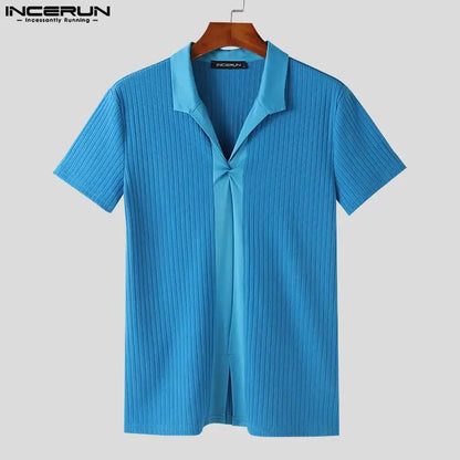 INCERUN Tops 2024 Stilvolle Neue Männer der Mitte Ausgehöhlten Patchwork Gestreiften T-shirts Freizeit Solide V-ausschnitt Kurzarm Camiseta S-2XL