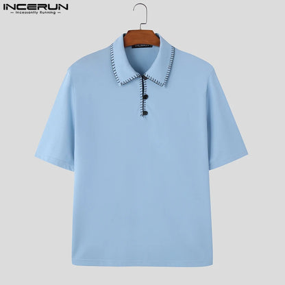 Fashion Well Fitting Tops INCERUN Men Line Design Contrast Color Shirts Summer Casual Male Short Sleeved Lapel Blouse S-5XL 2024