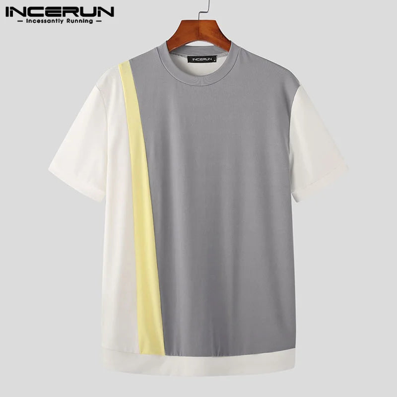 Men T Shirt Patchwork Round Neck Streetwear Short Sleeve Casual Men Clothing 2023 Summer Korean Style Tee Tops S-5XL INCERUN