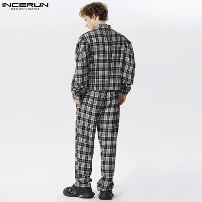 INCERUN 2024 American Style Mens Sets Heart Hollow Leg Of Mutton Sleeve Shirts Long Pants Casual Streetwear Two-piece Sets S-5XL