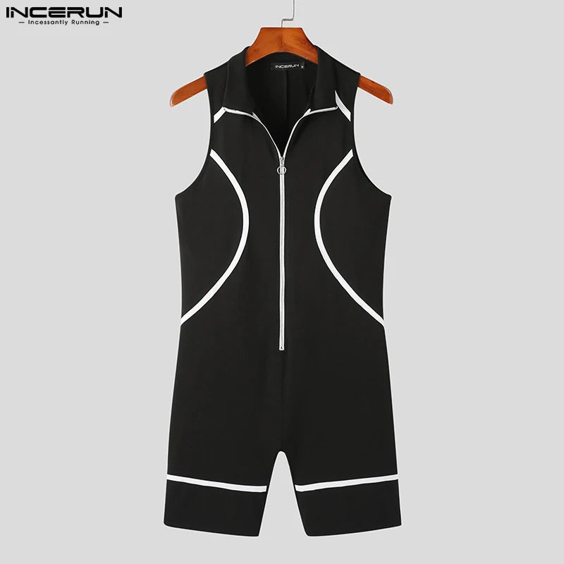 INCERUN 2023 American Style Handsome Men's Fashion Black&White Contrast Rompers Casual Handsome Male Sleeveless Jumpsuits S-5XL