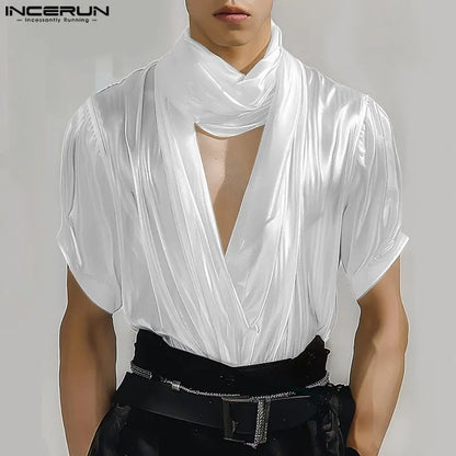 Sexy Stylish Style Tops INCERUN 2024 Men's Flash Satin Design T-shirt Casual Streetwear Hot Selling Short Sleeved Camiseta S-5XL