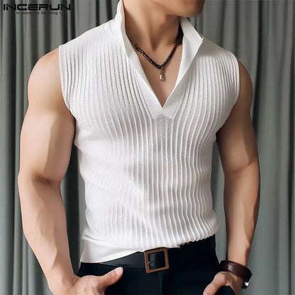 INCERUN Tops 2024 Korean Style Men Solid Knitted Texture Design Vests Casual Simple Male Stand Collar Sleeveless Tank Tops S-5XL