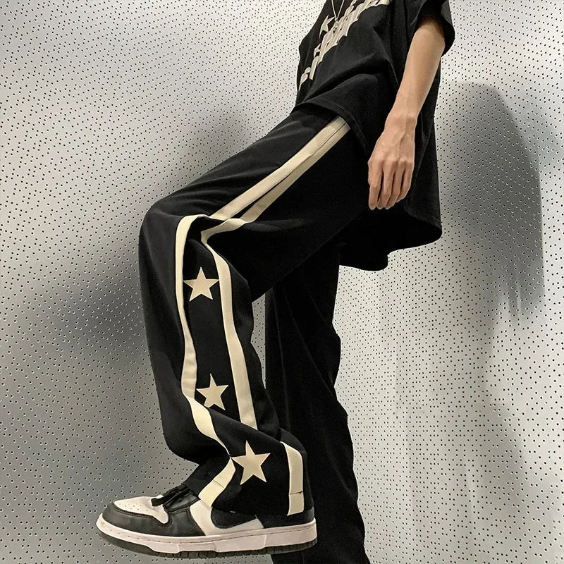 HOUZHOU Y2K Star Sweatpants Men Black Sports Pants Wide Leg Trousers Male Japanese Streetwear Hip Hop Graphic Loose Casual