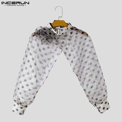 Fashion Sexy Style Tops INCERUN Men Chiffon Polka Dot Cropped Cross T-shirts Casual Streetwear Male Thin Long Sleeved Tees S-5XL