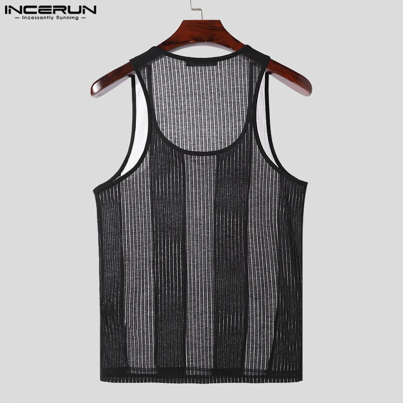 INCERUN Hommes Débardeurs Été Sans Manches Mode Hauts Transparents T-shirt Hommes Vêtements Streetwear Rayé Chemise Surdimensionné S-5XL