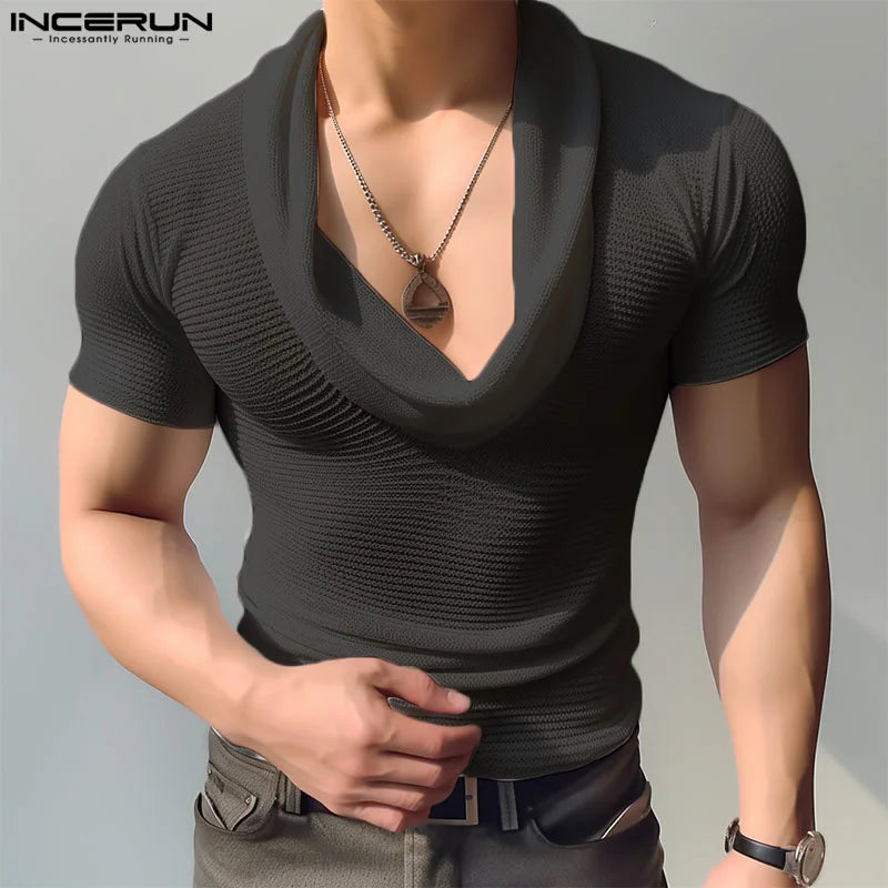 Fashion Well Fitting Tops INCERUN New Men's Pile Neck Hollow Perspective T-shirts Casual Sexy Thin Short Sleeved Camiseta S-5XL