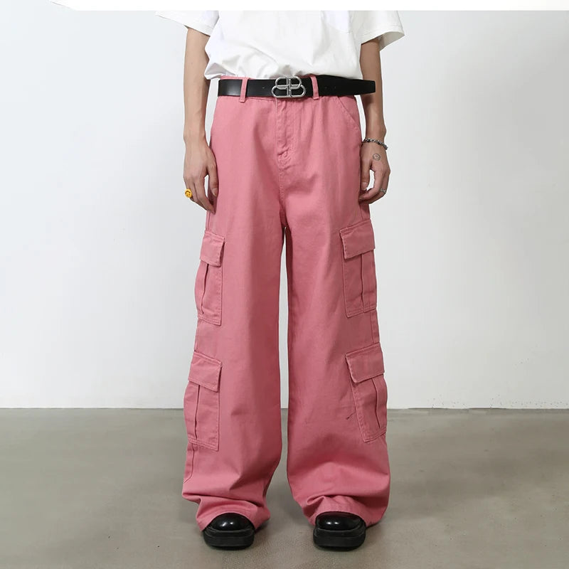 HOUZHOU Pink Cargo Jeans Pants Men Oversize Wide Leg Denim Trousers Male Loose Casual Japanese Streetwear Hip Hop Pocket