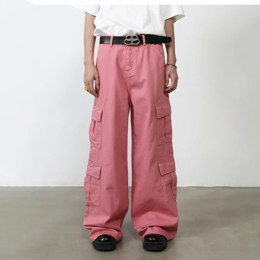 HOUZHOU Pink Cargo Jeans Pants Men Oversize Wide Leg Denim Trousers Male Loose Casual Japanese Streetwear Hip Hop Pocket