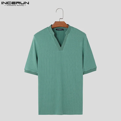 INCERUN Tops 2024 Korean Style Fashion New Men Stand Neck Striped Camiseta Casual Well Fitting Male Short Sleeved T-shirts S-5XL