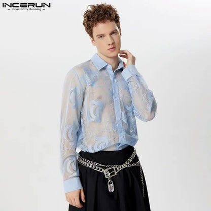 Sexy Stylish Style Tops INCERUN New Mens Lace Floral Mesh Hollow See-through Shirts Male Clubwear Thin Long Sleeved Blouse S-5XL