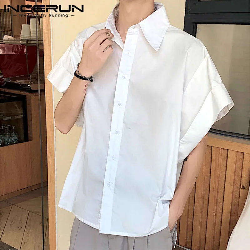 INCERUN Tops 2024 Koreanischen Stil Herren Solide Große Manschette Design Shirts Casual Einfache Sommer Solide Lose Kurzarm Bluse S-5XL