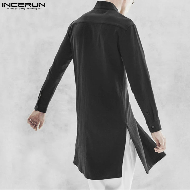 INCERUN 2023 Muslimischen Stil Neue Männer Solide Shirts Casual Streetwear Heißer Verkauf Männlichen Patchwork Stehen Neck Langarm Bluse S-5XL