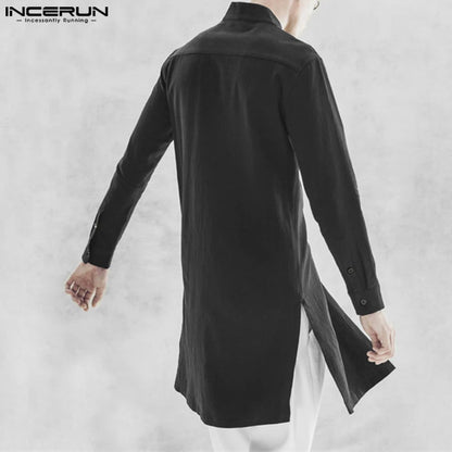 INCERUN 2023 Muslim Style New Men Solid Shirts Casual Streetwear Hot Sale Male Patchwork Standing Neck Long Sleeved Blouse S-5XL