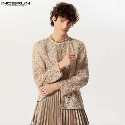 INCERUN Tops 2024 American Style Fashion Men Perspective Jacquard Button Shirts Casual Simple Long Sleeved Cardigan Blouse S-5XL