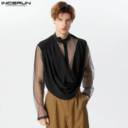 INCERUN Tops 2024 Amerikanischer Stil Neue Herren Front Swing Kragen Patchwork Mesh Shirts Casual Sexy Solide Mittelärmelige Bluse S-3XL