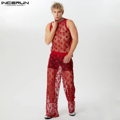 INCERUN 2024 American Style Stylish Sets New Men Love Lace Hollowed Out  Vests Long Pants Sexy Casual Male Two-piece Sets S-5XL