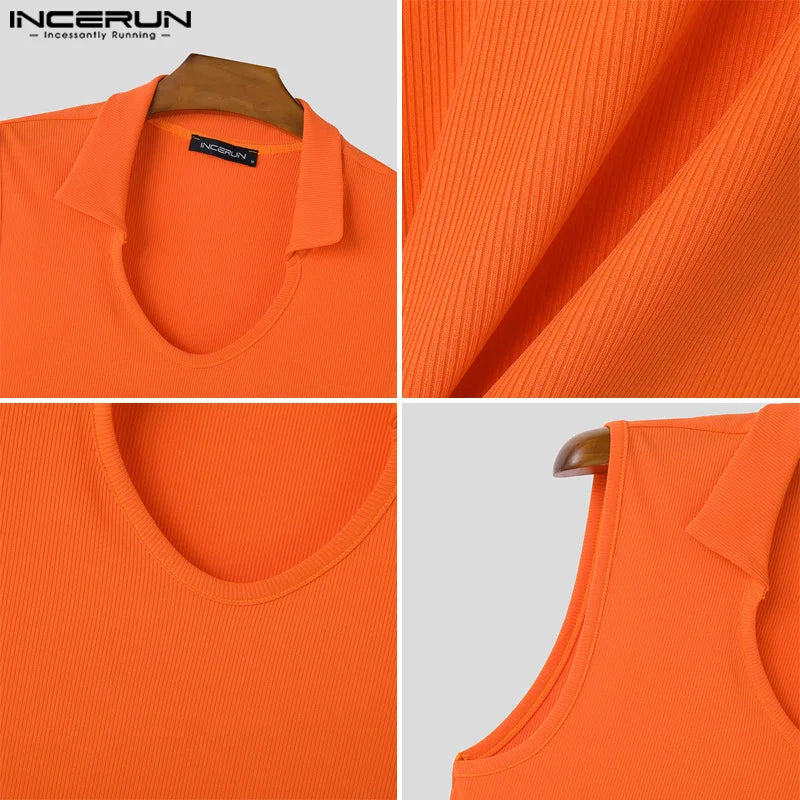 INCERUN Tops 2024 Amerikanischen Stil, Mode, Männer Gestrickte Pit Streifen Engen Elastischen Westen Sommer Sexy Männlichen Solide Revers Tank Tops S-5XL