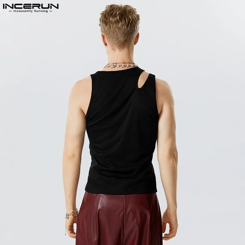 INCERUN Tops 2023 American Style New Men's Irregular Hollow Solid Tight Knit Tank Tops Casual Simple Male Sleeveless Vests S-5XL