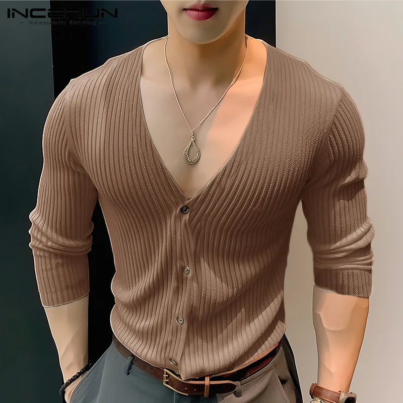 INCERUN Tops 2024 Koreanischen Stil Männer Einfarbig Gestrickte Gestreifte Hemden Modische Casual Männlichen V-ausschnitt Langarm Bluse S-5XL