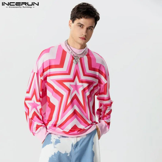 Fashion Handsome Men's Tops INCERUN Hot Sale Gradient Star Printed Pullover Casual High Neck Pullover Long Sleeved Sweater S-5XL