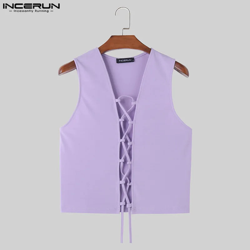 INCERUN Tops 2024 American Style Sexy Men's Open Front Strap Lace Up Vests Summer Fashion Male Solid Comfortable Tank Tops S-5XL