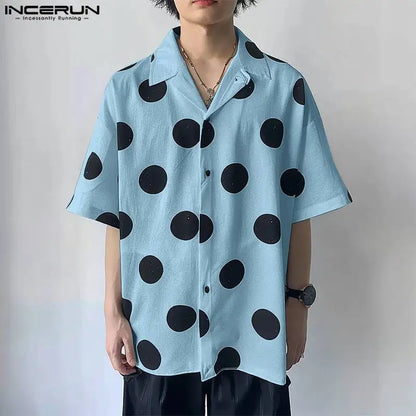 Fashion Well Fitting Tops INCERUN New Men's Lapel Polka Dot Pattern Design Shirt Casual Hot Sale Short Sleeved Blouse S-5XL 2024