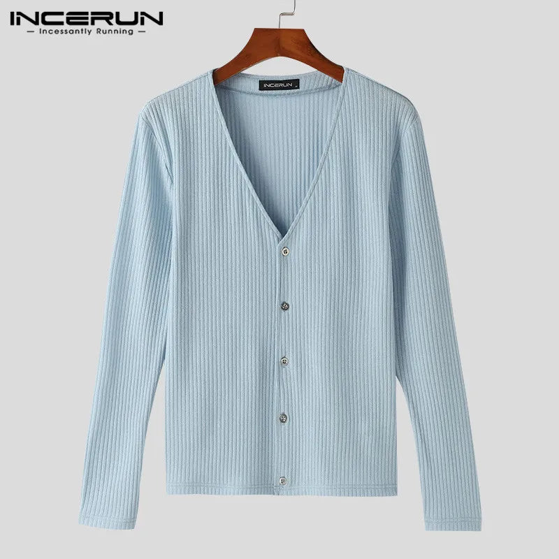 INCERUN Tops 2024 Koreanischen Stil Männer Einfarbig Gestrickte Gestreifte Hemden Modische Casual Männlichen V-ausschnitt Langarm Bluse S-5XL