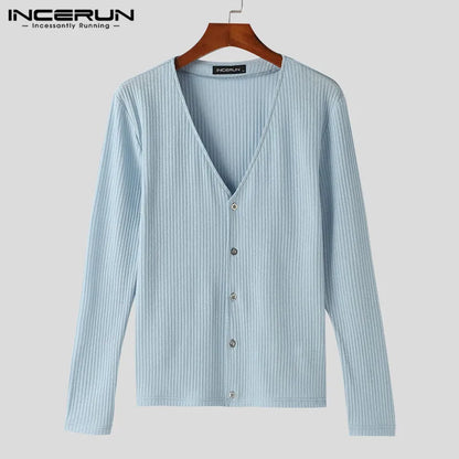 INCERUN Tops 2024 Style coréen Hommes Couleur unie Tricoté Rayé Chemises À La Mode Décontracté Homme Col en V À Manches Longues Chemisier S-5XL