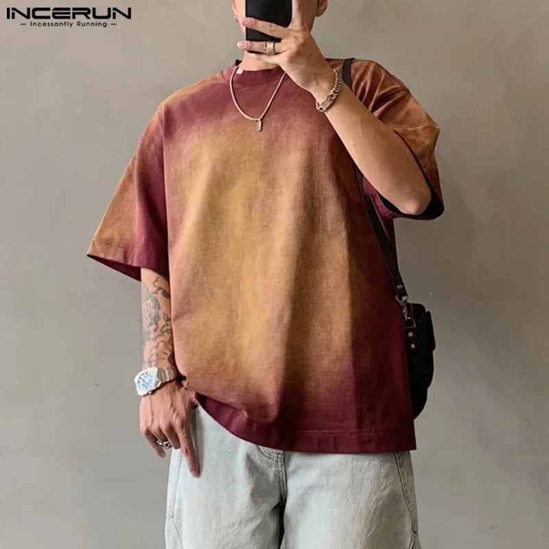 Fashion Well Fitting Tops INCERUN Men's Gradient Design T-shirts Casual Streetwear Personality Short Sleeved Camiseta S-5XL 2024