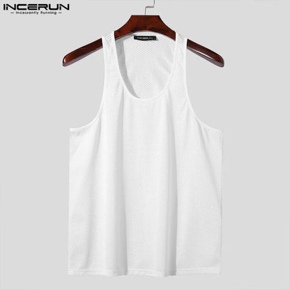 INCERUN Tops 2024 Koreanischen Stil Männer Mesh Stoff Dünne Schulter Gurt Design Westen Stilvolle Straße Männlichen Ärmellose Tank Tops S-5XL